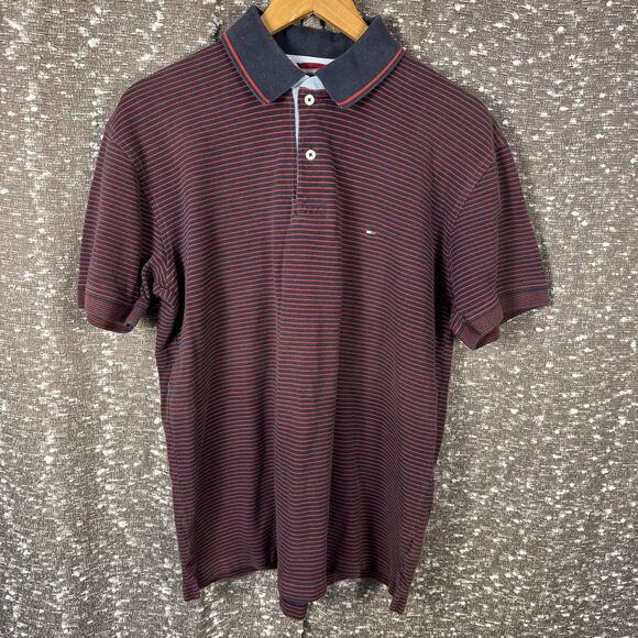 Tommy Hilfiger Polo Shirt Men's L Blue and Red Striped Casual Short Sleeve - Picture 1 of 12